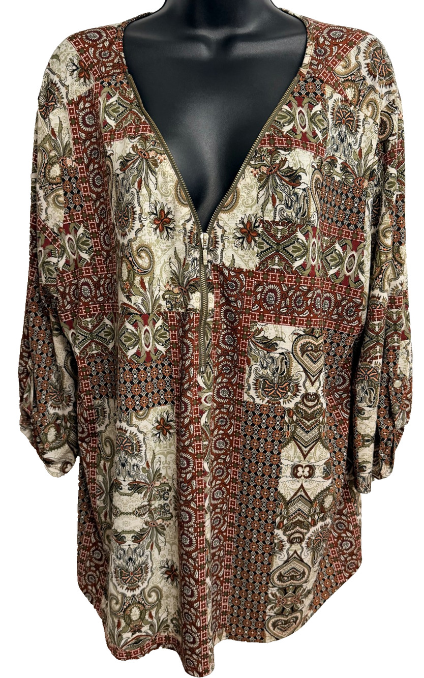 Naif Tunic Blouse Women's 3X Rust Paisley Patchwork V-Neck Zip Top Chic Boho